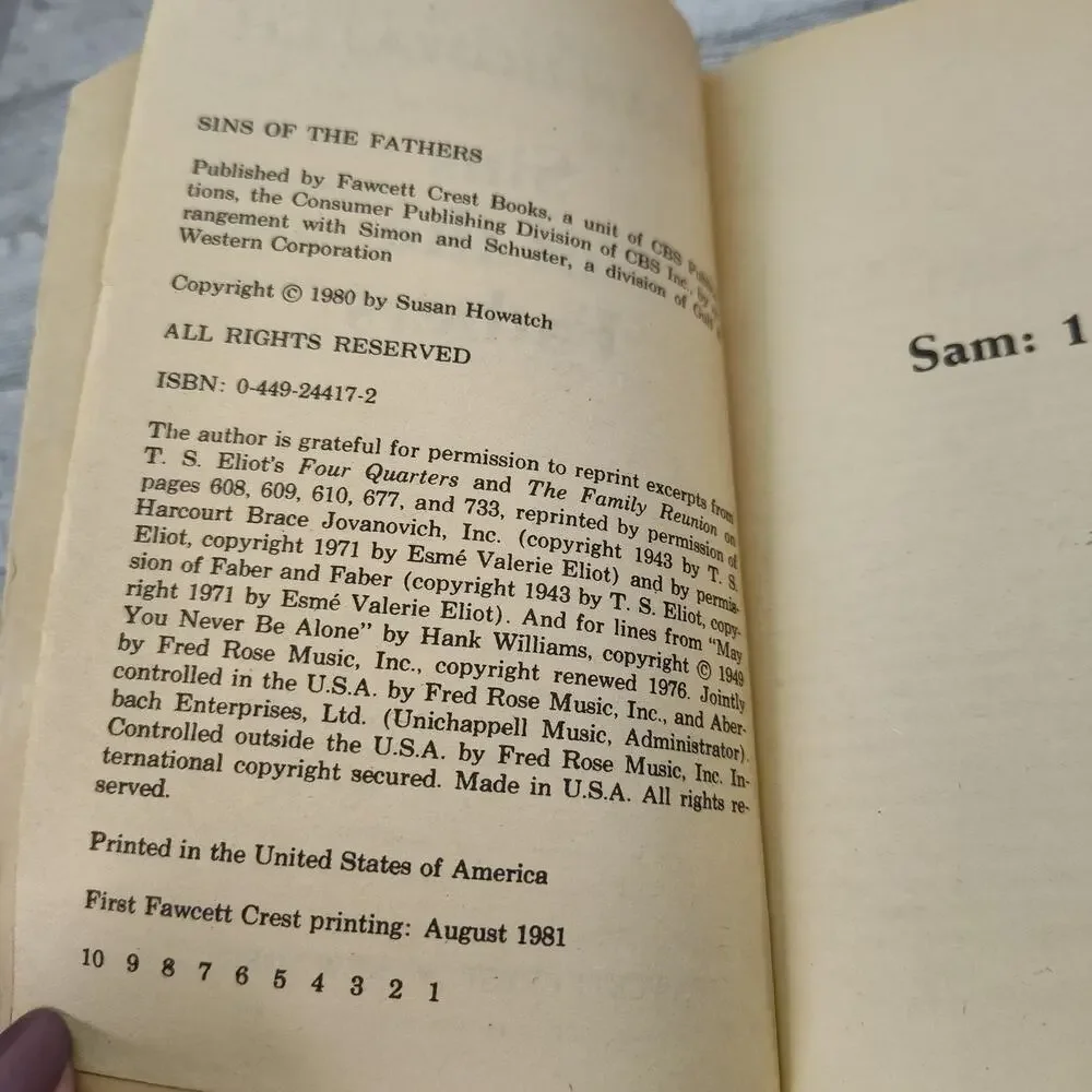 Sins of the Fathers by Susan‎ Howatch 1981 First Fawcett Crest Paperback Romance